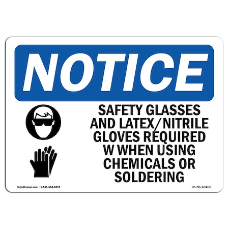 Signmission OSHA Sign, Glasses And Latex Nitrile With Symbol, 14in X 10in Aluminum, 14" W, 10" H, Landscape OS-NS-A-1014-L-18160
